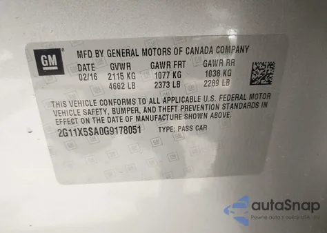 2016 Chevrolet Impala 1Fl from USA, damaged, VIN 2G11X5SA0G9178051